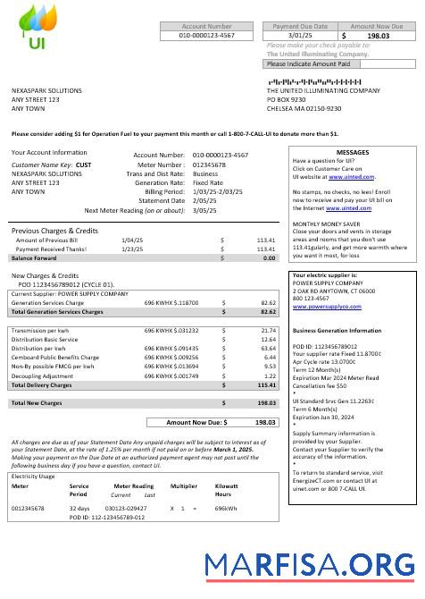 Blank USA Massachusetts Chelsea UI The United Illuminating Company business utility bill Word and PDF template